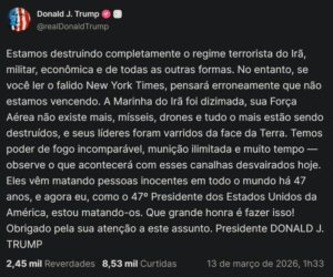 Trump afirma que os EUA estão “destruindo totalmente” o regime do Irã.